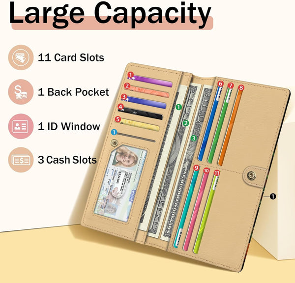 Immaturus Womens Wallet, Black Bookshelf Slim Thin RFID Blocking Credit Card Wallets, Long Bifold PU Leather Card Holder Organizer, Cute Cash