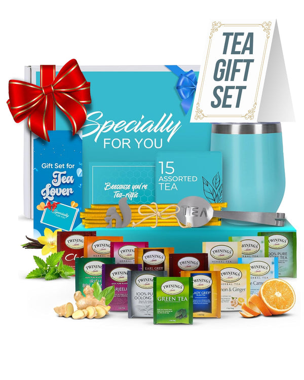 Tea Gifts for Women â Sampler Gift Basket with 15 Unique Blends, Honey Sticks, Stainless Tumbler & Gift-Ready Box (Teal)