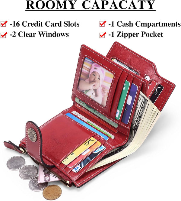 FALAN MULE Small Wallet for Women Leather Bifold Compact Small Womens Wallet with RFID Blocking Bright Red