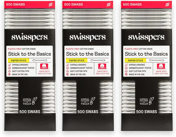 Swisspers Premium Cotton Swabs - Soft 100% Cotton Swabs with Paper Sticks for Beauty and Personal Care - Gentle Hygiene - 500 Count (Pack of 3)