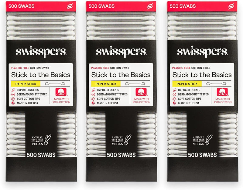 Swisspers Premium Cotton Swabs - Soft 100% Cotton Swabs with Paper Sticks for Beauty and Personal Care - Gentle Hygiene - 500 Count (Pack of 3)