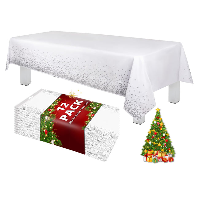 Grandipity Grey Dot on White 12 Pack Premium Disposable Plastic Tablecloth 54 Inch X 108 Inch. Decorative Rectangle Tabl