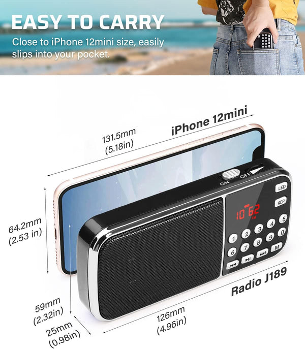 PRUNUS J189 Mini Bluetooth AM FM Radio, TF Card/USB/AUX Playback with Bass | Rechargeable, LED Flashlight, Dual Speaker Heavy Bass, Pocket Size,