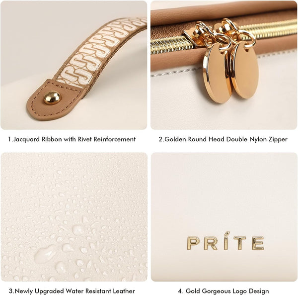 Prite Makeup Bag for Women Travel Waterproof Vegan Leather Cosmetic Bag Open Flat Toiletry Bag with Clear Divider and Handle (Beige)