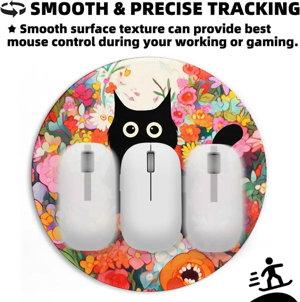 Black Cat Flower Small Mouse Pad, Cute Aesthetic Anime Mousepad with Non-Slip Rubber Base, Round Mouse Pads for Desk Accessories Laptop Gaming