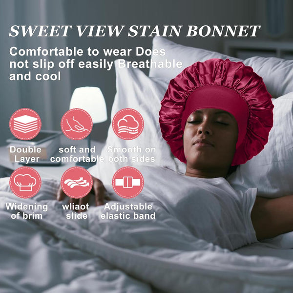 4PCS Silk Bonnet for Sleeping,Hair Wrap Satin Bonnets Shower Cap for Black Women Men, Elastic Wide Band Hair Bonnet Cap for Sleeping Curly