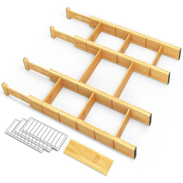 SpaceAid Bamboo Drawer Dividers with Inserts and Labels, Kitchen Adjustable Drawer Organizers, Expandable Organization for Home, Office, Dressers,
