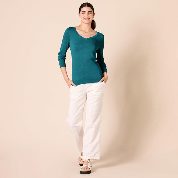Amazon Essentials Women's Lightweight Long-Sleeve V-Neck Sweater Regular Teal Heather Small