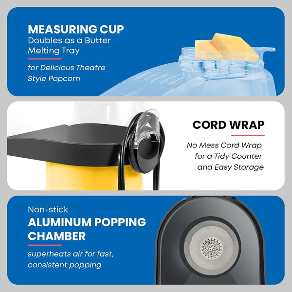 Elite Gourmet Fast Hot Air Popcorn Popper, 1300W Electric Popcorn Maker with Measuring Cup & Butter Melting Tray, Oil-Free, Great for Home Party