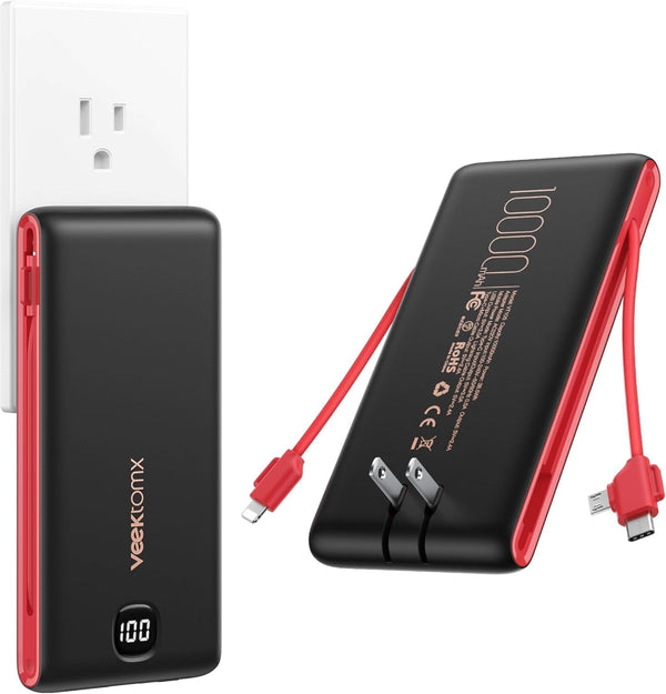 VEEKTOMX Portable Charger with Built in Cables 10000Mah, Power Bank for Iphone with AC Wall Plug, Fast Charging USB C Slim Battery Pack with LED