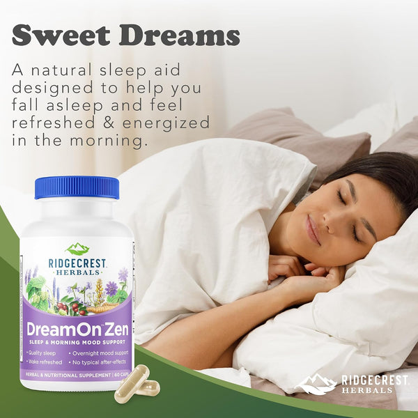 Ridgecrest Herbals Dreamon Zen, Sleep Support Supplement, Melatonin Free, Magnesium, 5-HTP, Lavender, Chamomile, Valerian, Lemon Balm for Adults