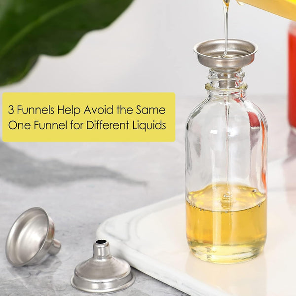 10 Pack, 4 oz Small Clear Glass Bottles w/Lids & 3 Stainless Steel Funnel - 120ml Boston Round Sample Bottle for Potion, Juice, Ginger Shot,