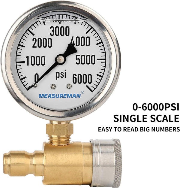 Measureman 2-1/2" Pressure Washer Gauge, Pressure Gauge Kit, 3/8 Inch Quick Connect, 0-6000 PSI, Glycerin Filled 0-6000 PSI (Brass)