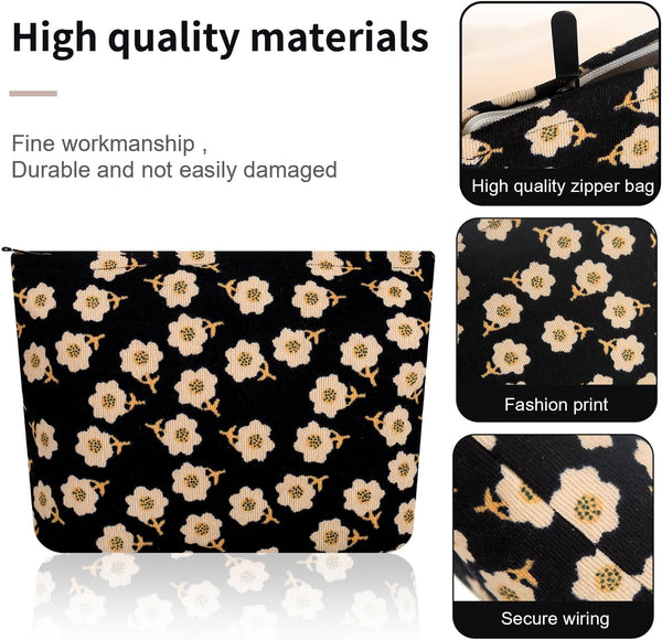 Cosmetic bag Makeup bag Preppy Cute Corduroy Toiletry bag for women travel essentials (Flower black)