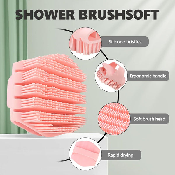 Silicone Body Scrubber with Handle - Exfoliating Shower Brush for Men & Women, Travel-Friendly & Quick-Dry, Soft Silicone Loofah Alternative for