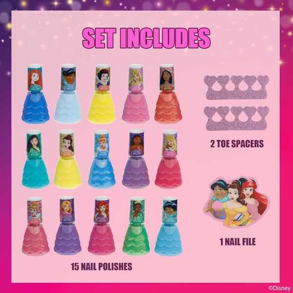 Disney Princess Nail Polish Set, 15-Piece Peel-Off with Toe Spacers
