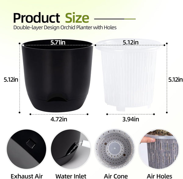 QCQHDU 2 Pack 5.7 Inch Orchid Pots with Holes for Repotting, Double-Layer and Self Watering Orchid Pot with Good Air Circulation Black 2packs 5.7IN