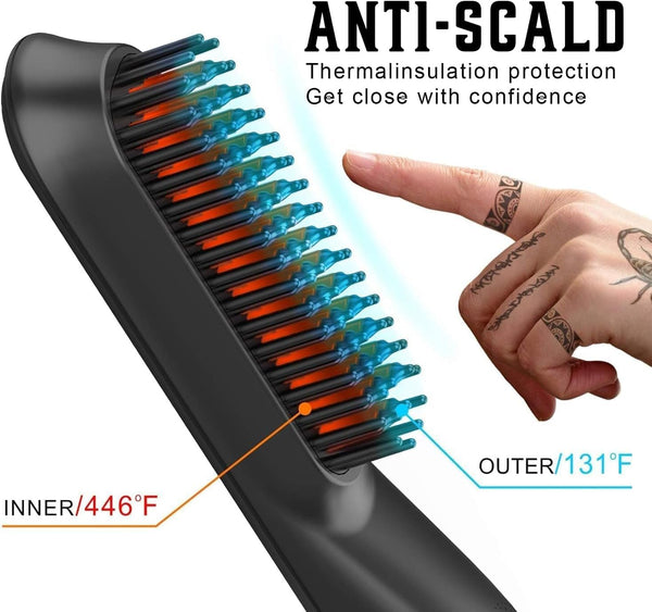 Heated Ionic Hair Straightening Brush for Men - 5 Temperature Settings, Anti-Scald, Beard Shaper & Travel Bag Black