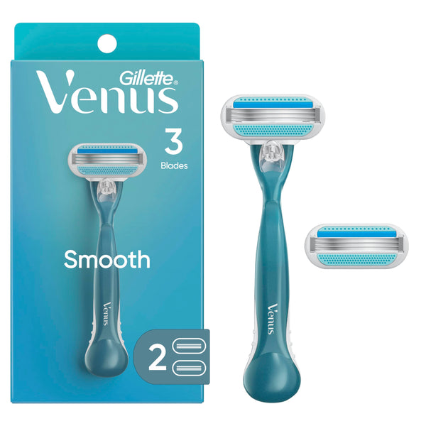 Gillette Venus Smooth Razor for Women, Includes 1 Reusable Razor Handle + 2 Count 3-Bladed Refills, Ergonomic Soft Grip Handle 1 Count (Pack of 1)
