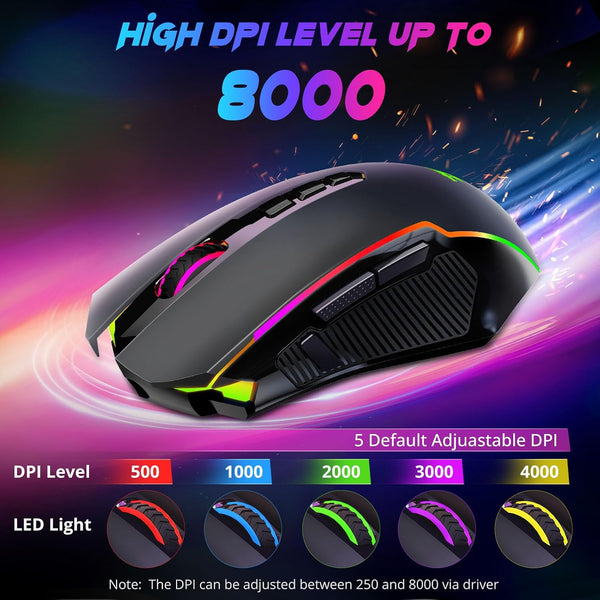 Redragon Gaming Mouse, Wireless Mouse Gaming with 8000 DPI, PC Gaming Mice with Fire Button, RGB Backlit Programmable Ergonomic Mouse Gamer,