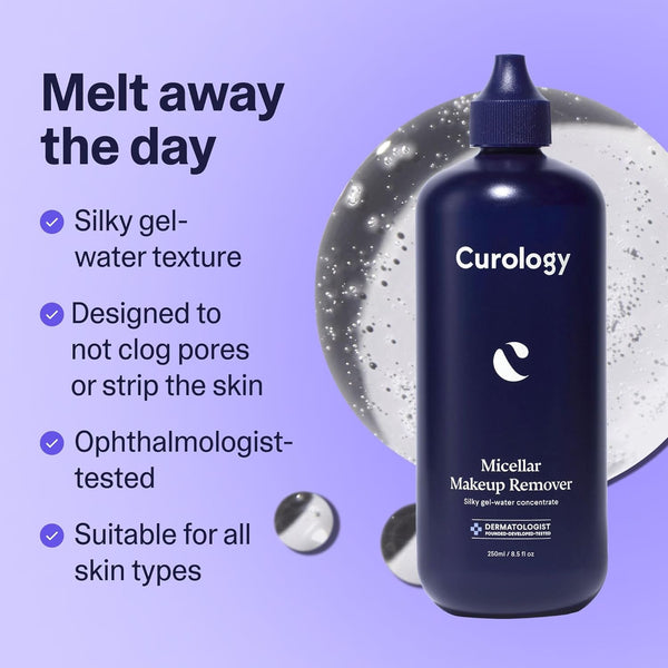 Curology Micellar Water Makeup Remover, Waterproof Eye and Face Make up Cleansing Water, Gentle and Hydrating, Silky Gel-Water Concentrate, 8.5 Fl Oz