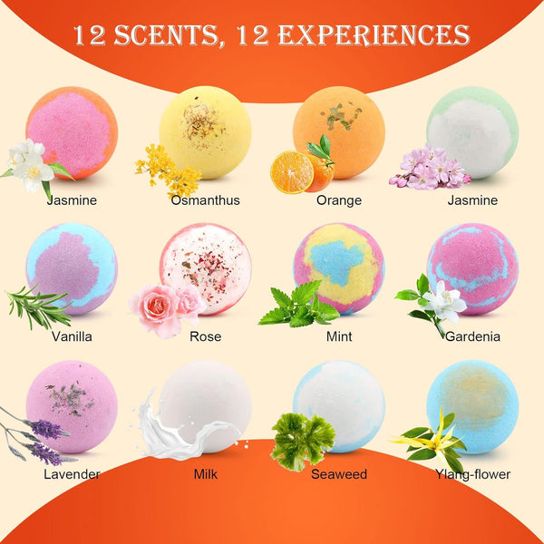 Bath Bombs Salt Balls,12 PCS Gift Set,Vanilla Menthol Rose Extract Essential Oils,Moisturizing Dry Skin,Fizzy Spa,Relaxing,Bubble Bath Bomb Gifts