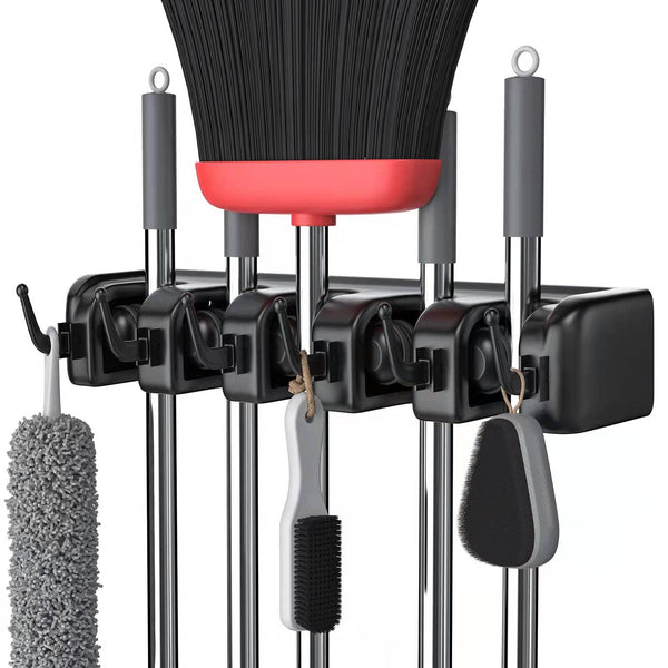 LETMY Broom Holder Wall Mount - Mop and Broom Hanger Holder - Garage Storage Rack & Garden Tool Organizer - 5 Position 6 Hooks Broom Rack for
