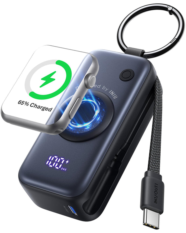 INIU 3-In-1 Portable Charger, Small 5000Mah Power Bank with Built-In USB C Cable and Watch Charger, 20W PD Fast Charging