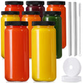 [ 8 Pack ] Glass Juicing Bottles with 2 Straws & 2 Lids W Hole- 16 OZ Travel Drinking Jars, Water Cups with Black Airtight Lids, Reusable Tall