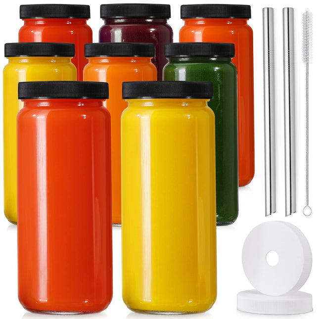 [ 8 Pack ] Glass Juicing Bottles with 2 Straws & 2 Lids W Hole- 16 OZ Travel Dri