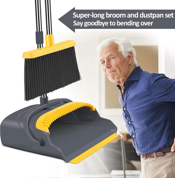 Upgrade Broom and Dustpan Set, Broom with Dustpan Combo Set, Self-Cleaning with Dustpan Teeth, Indoor&Outdoor Sweeping, Stand Up Broom and Dustpan
