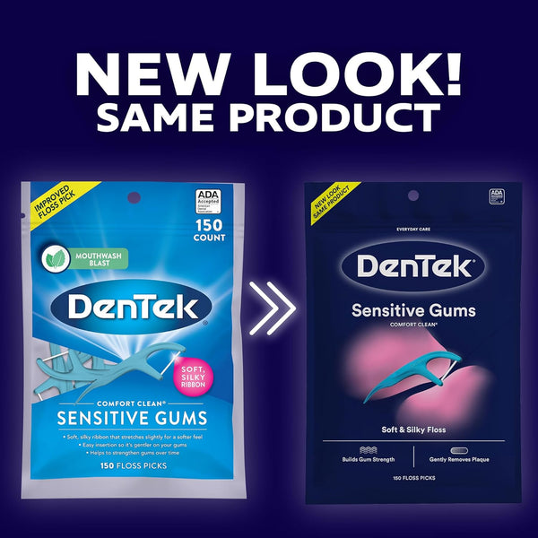 Dentek Comfort Clean Sensitive Gums Floss Picks, Soft & Silky Ribbon, 150 Count, 3 Pack
