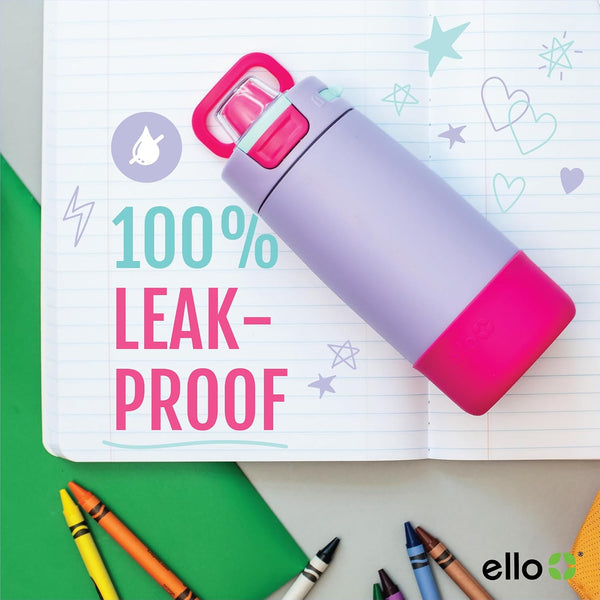 Ello Kids Colby 12oz Stainless Steel Insulated Water Bottle with Straw and Built-In Silicone Coaster Carrying Handle and Leak-Proof Locking Lid