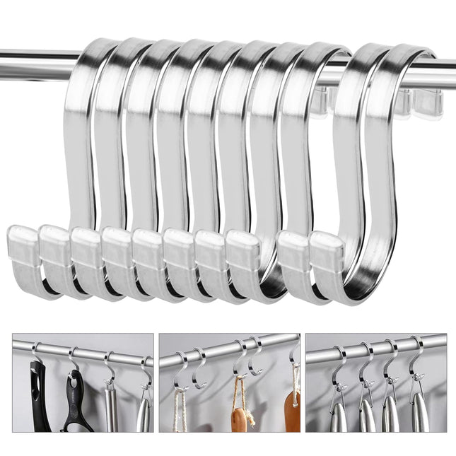 10 Pack Flat S Hooks - Stainless Steel Heavy Duty 3inch S Hooks for Hanging pots, Pans, Plants, Coffee Mugs, Towels in Kitchen and Bathroom, Coat,