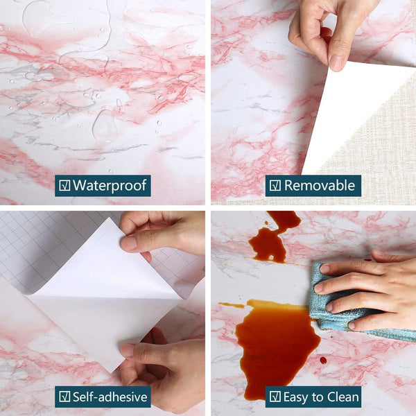 Glossy White/Pink Marble Contact Paper for Countertop Granite Wallpaper 15.8"×393" Marble Peel and Stick Wallpaper Self-Adhesive Removable Wall