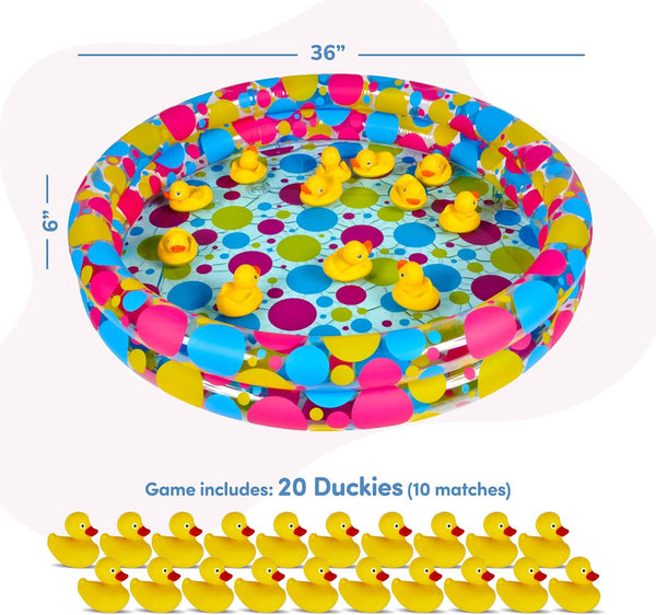 Gamie Duck Pond Matching Carnival Game for Kids, 36" x 6" Inflatable Pool & 20 Plastic Ducks with Numbers, Water Outdoor Game for Kids, Fun Memory