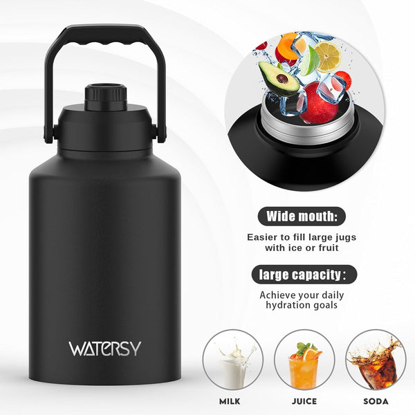 WATERSY 1 Gallon Water Bottle Insulated(Cold for 48 Hrs),BPA Free&Leak Proof,128oz Stainless Steel Water Jug with Handle for