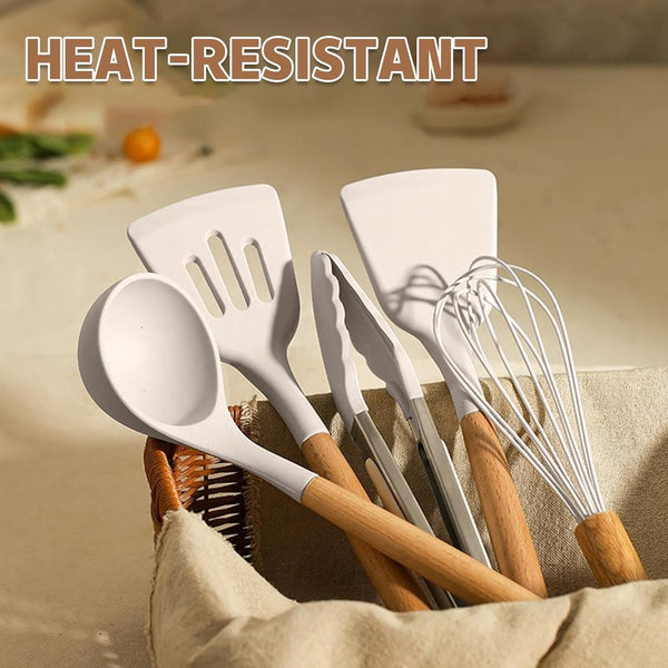 Umite Chef Kitchen Cooking Utensils Set, 33 pcs Non-Stick Silicone Cooking Kitchen Utensils Spatula Set with Holder, Wooden Handle Silicone