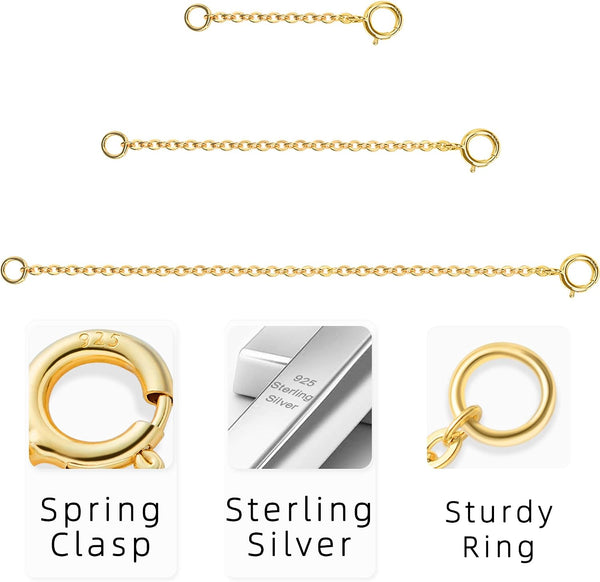 Gold Necklace Extenders 14k Extender Chain 925 Sterling Silver Extension Bracelet Chain Extenders for Necklaces 3 Pcs (1 2 3 Inch)(Gold) 1 2 3