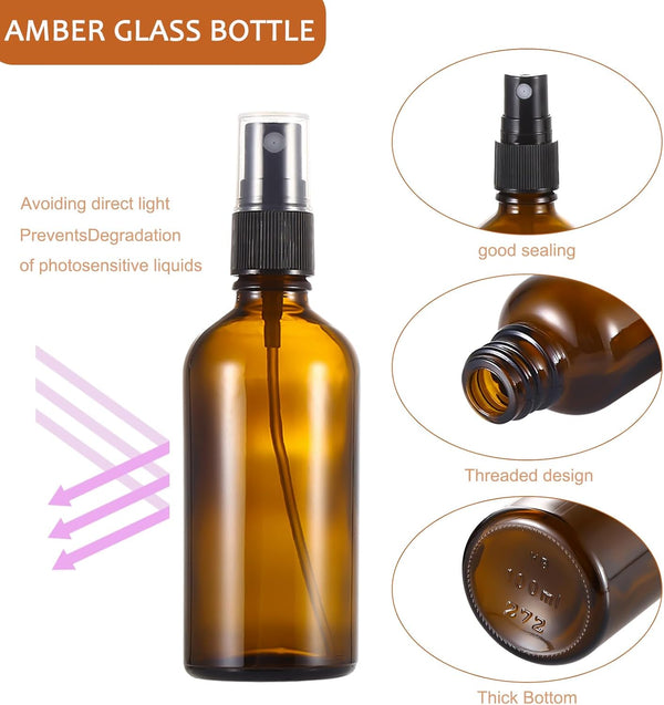 3.4Oz Amber Glass Spray Bottles,Empty Fine Mist Refillable Travel Spray Bottle for Cleaning,Perfume,Aromatherapy,Cosmetic Sprays,Hair,Essential