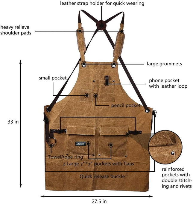 Waxed Canvas Shop Apron for Men & Women.Woodworking Aprons Heavy Duty Work Apron with Pockets. Big Bulk Tool Apron with 