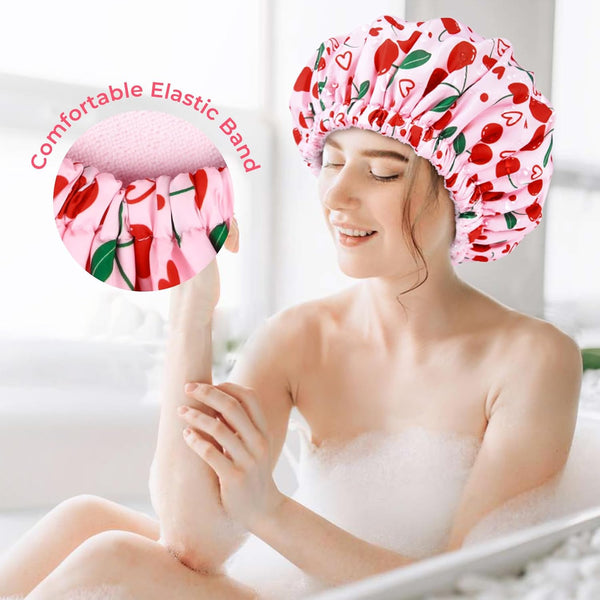 Shower Cap for Women Terry Lined Bath Cap Large Reusable Waterproof Elastic Band Pink Cherry Shower Caps for Long Thick Hair Soft Bath Shower Hair