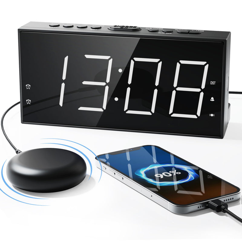 Loud Alarm Clock with Bed Shaker for Heavy Sleeper, Dual Vibrating Alarm Clock with USB Charger for Hard of Hearing/Deaf, 7.5’’ Large LED Display