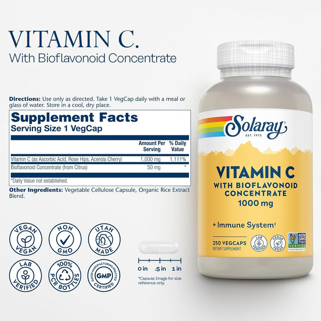 SOLARAY Vitamin C W/Rose HIPS, Acerola & Bioflavonoids, 1000Mg, Supports Immune 