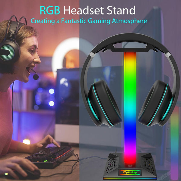 Gaming Headphone Stand PC Accessories - RGB Headset Stand with 2 USB and 1 Type-C Ports, LED Headphone Stand Gift for Boys Men, Computer Game