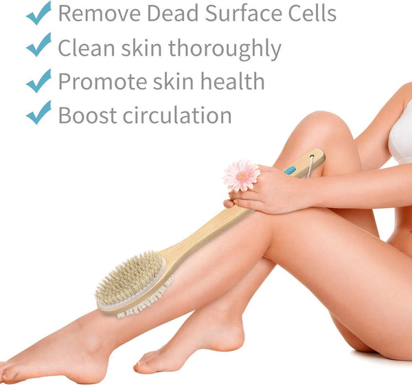 Metene Shower Brush with Soft and Stiff Bristles, Bath Dual-Sided Long Handle Back Scrubber Body Exfoliator for Wet or Dry Brushing 1 Count (Pack
