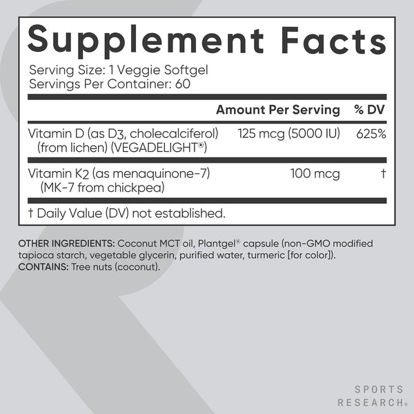Sports Research® Vegan D3 5000Iu with Vitamin K2 100Mg - Formulated with Coconut MCT Oil - Vegan Certified, Soy & Gluten Free - 60 Softgels