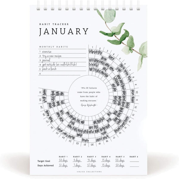 Bliss Collections Habit Tracker Calendar Notepad, Greenery Floral, Gold Spiral Binding, Inspirational and Motivational Monthly Journal to Track