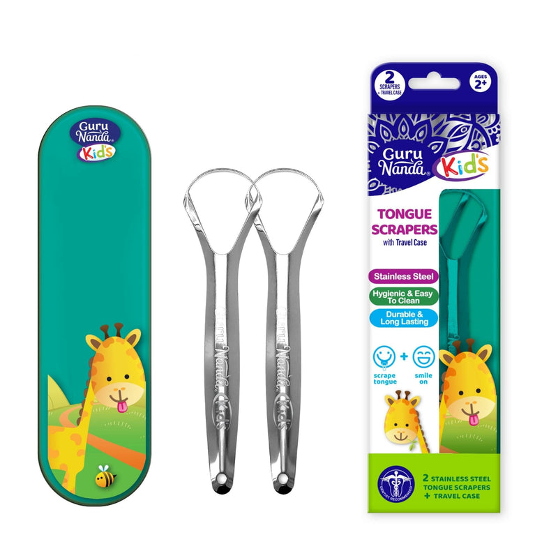 GuruNanda Kids Tongue Scraper (2-Pack) with Travel Case, Stainless Steel, Aids in Fresh Breath - Travel-Friendly Tongue Cleaner