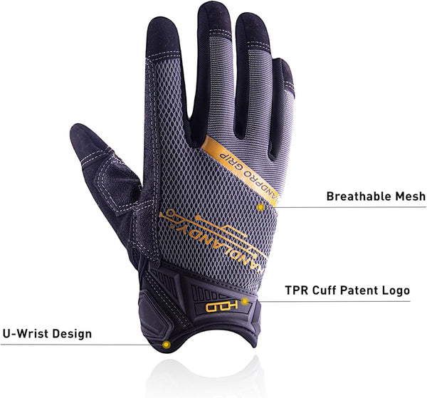 HANDLANDY Mens Work Gloves Touch screen, Utility Mechanic Gloves, Flexible Breathable Fit- Padded Knuckles & Palm Medium Grey